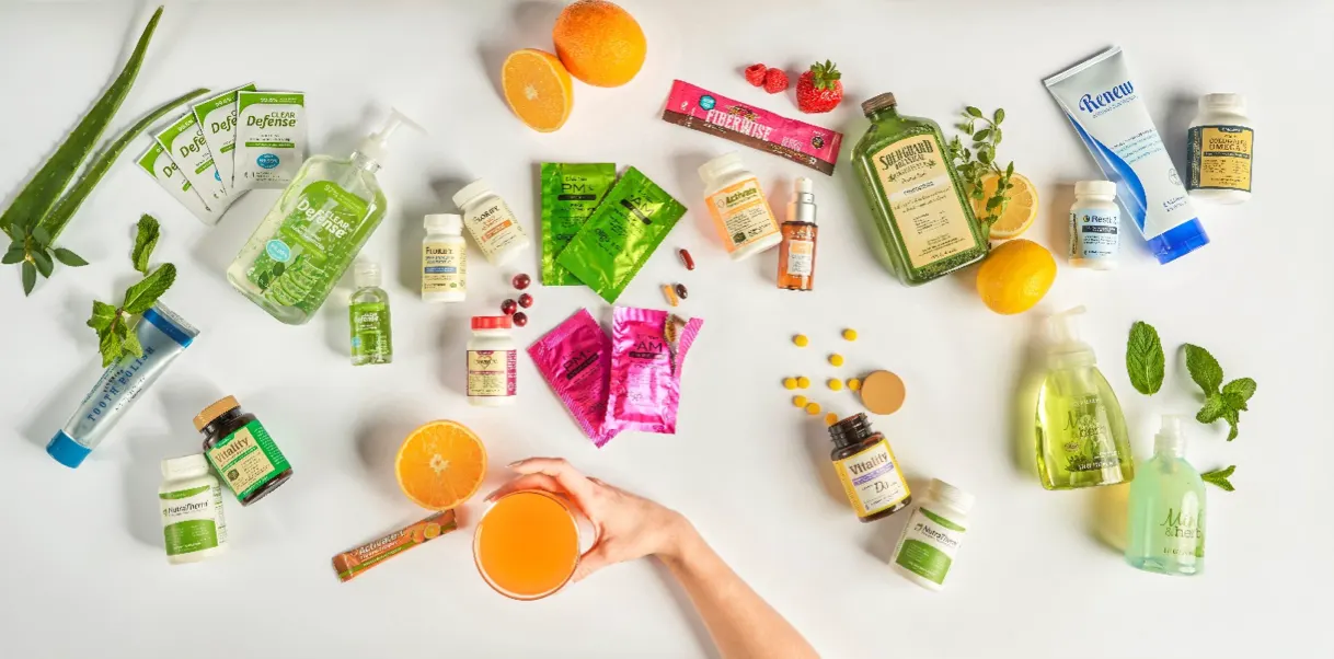 A selection of Melaleuca Wellness Company products across nutritional, household,
and personal-care categories.